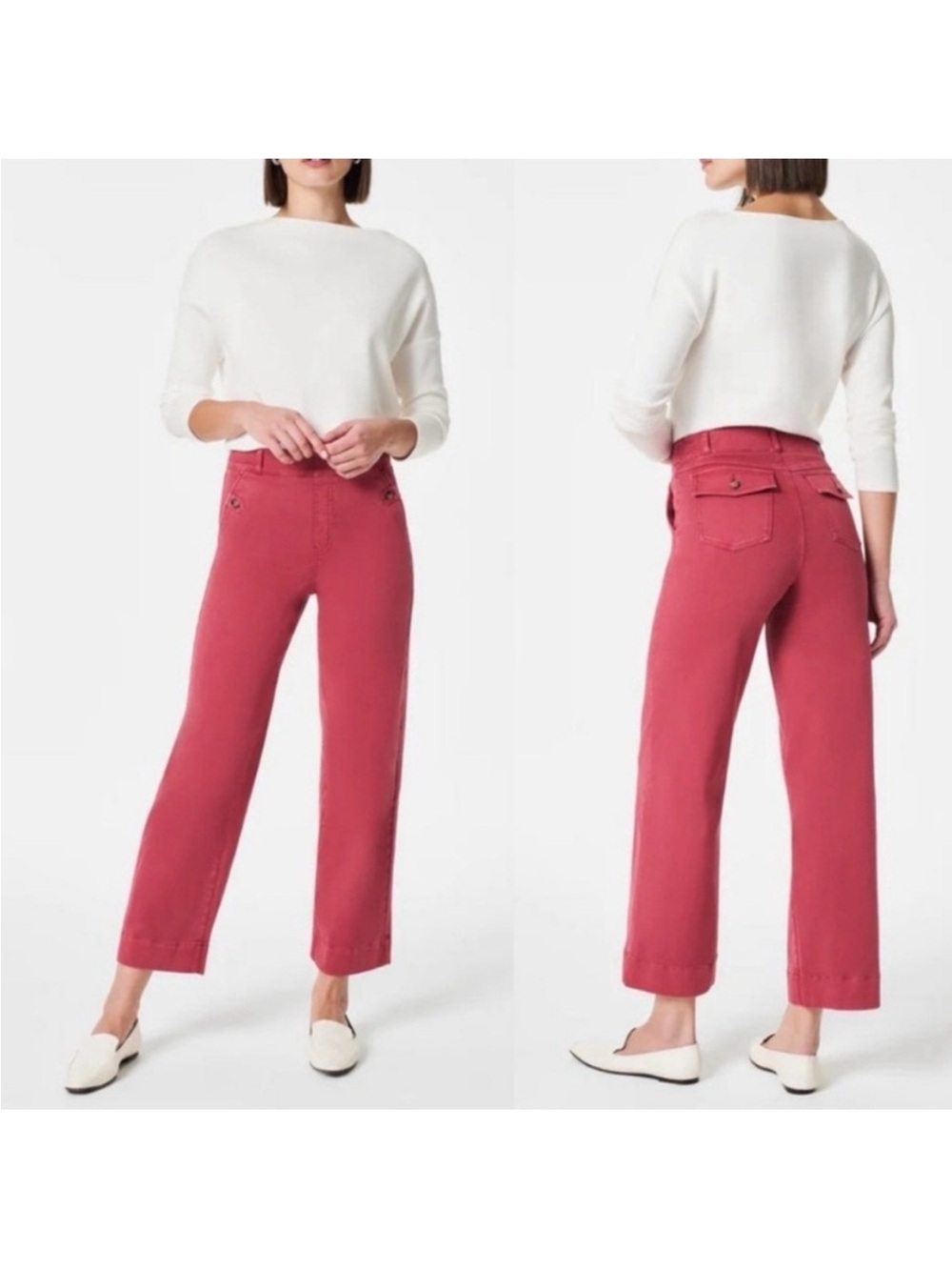 SPANX Stretch Twill Wide Leg Crop Pants Wild Rose Red M